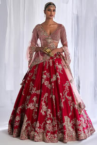 Raw Silk Maroon Daisy Bridal Lehenga Set