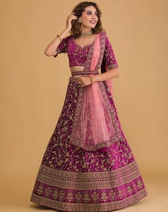 Burgundy Embellished Velvet Stonework  Readymade Lehenga