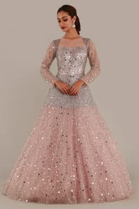 Baby Pink Shimmery Tulle Gown With Illusion Neckline And Silver Stone And Mirror Embelishments