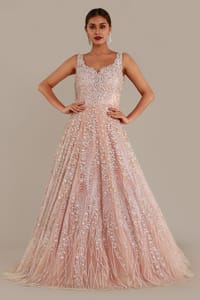 Blush Pink Shimmery Tulle Gown With Cut Work Neckline, Silver Embroidery And Stone Embellishments