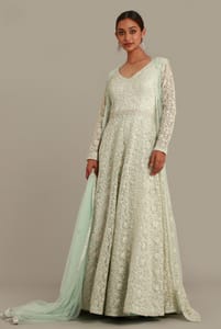 Ice Blue Embroidered Anarkali Gown Set With Matching Jacket And Dupatta With Silver Details