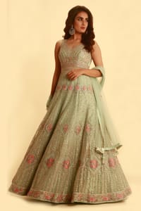 Soft Green Anarkali Gown Set With Contrast Embroidery And Matching Dupatta