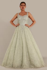 Green Pastel  Shimmery Tulle Gown With Cutwork Neckline, Silver Embroidery And Stone Embellishments