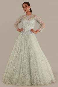 Green Pastel Tulle Gown With Illusion Sleeves, Silver Embroidery And Stone Work Embellishments