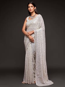 Pearl White Fully Sequined Georgette Party Wear Saree