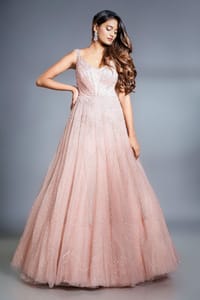 Pink Tulle Ball Gown With Silver And Self Coloured Embroidery And Stone Embellishments
