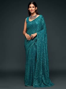 Elite Teal Blue Fully Sequined Georgette Party Wear Saree