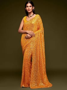 Bright Yellow Fully Sequined Georgette Party Wear Saree