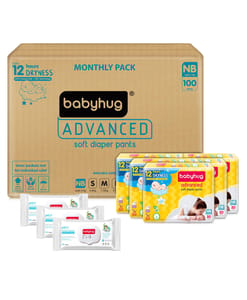 Babyhug Advanced Pant Style Diapers Monthly Box Pack New Born - 100 Pieces & Babyhug Pro pH 55 Moisture Balance Bamboo Wipes - 72 pieces - (Pack of 3)